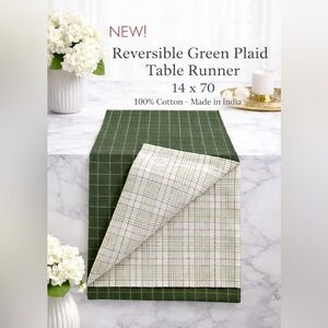 Reversible Green Plaid Table Runner 100% Cotton  Farmhouse Décor/14 x 70 in